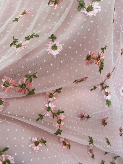 Sweet V Neck Pink Prom Dress Floral Polka Dots A-Line Evening Dress GG5844
