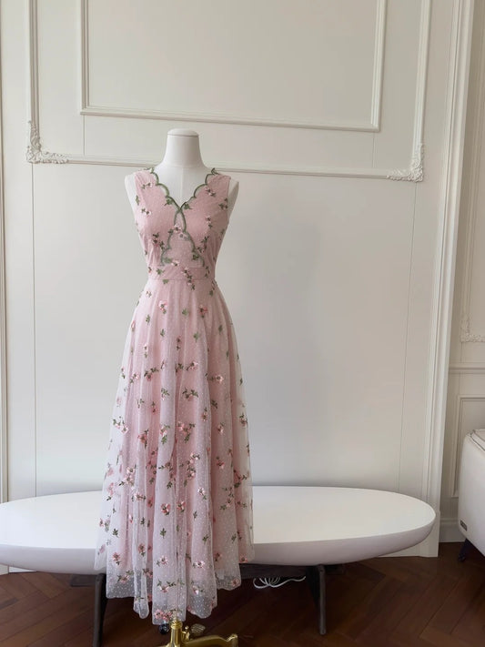 Sweet V Neck Pink Prom Dress Floral Polka Dots A-Line Evening Dress GG5844