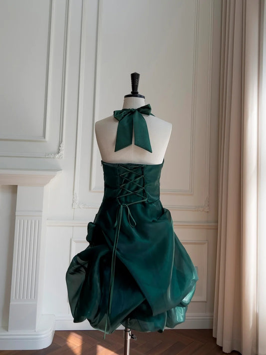 Charming Halter Neck Homecoming Dress Dark Green Birthday Dress Satin A-Line Mini Dress GG5845