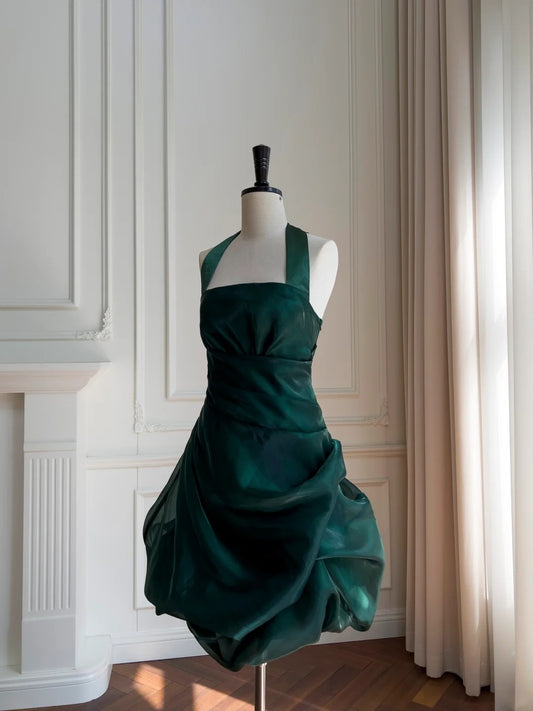 Charming Halter Neck Homecoming Dress Dark Green Birthday Dress Satin A-Line Mini Dress GG5845