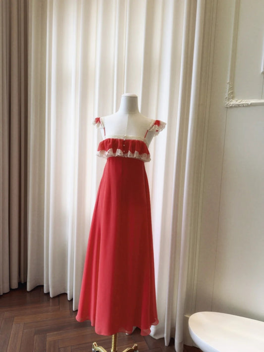 Elegant Spaghetti Straps Prom Dress Lace Ruffles A-Line Evening Dress GG5846
