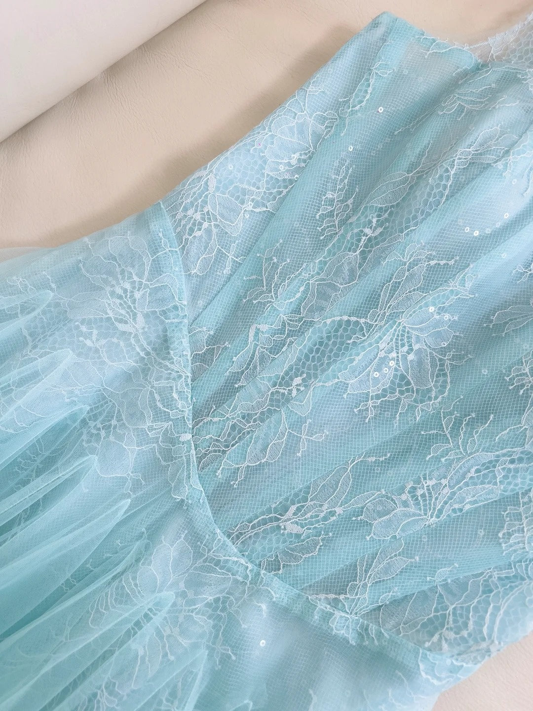 Chic Tulle Light Blue Prom Dress Lace Spaghetti Straps Sequins A-Line Evening Dress GG5847