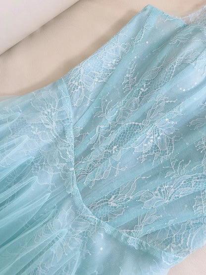 Chic Tulle Light Blue Prom Dress Lace Spaghetti Straps Sequins A-Line Evening Dress GG5847