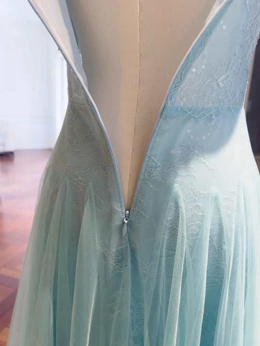 Chic Tulle Light Blue Prom Dress Lace Spaghetti Straps Sequins A-Line Evening Dress GG5847