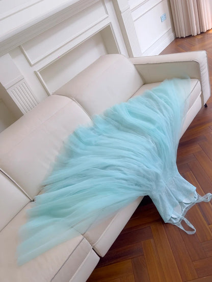 Chic Tulle Light Blue Prom Dress Lace Spaghetti Straps Sequins A-Line Evening Dress GG5847