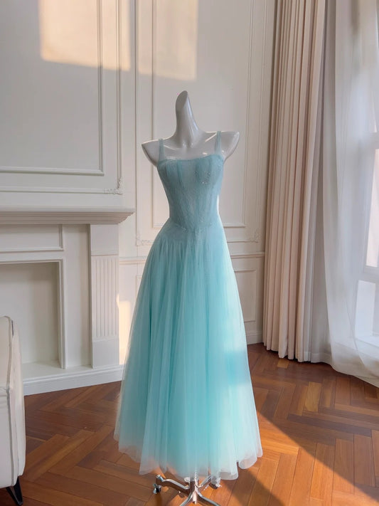 Chic Tulle Light Blue Prom Dress Lace Spaghetti Straps Sequins A-Line Evening Dress GG5847