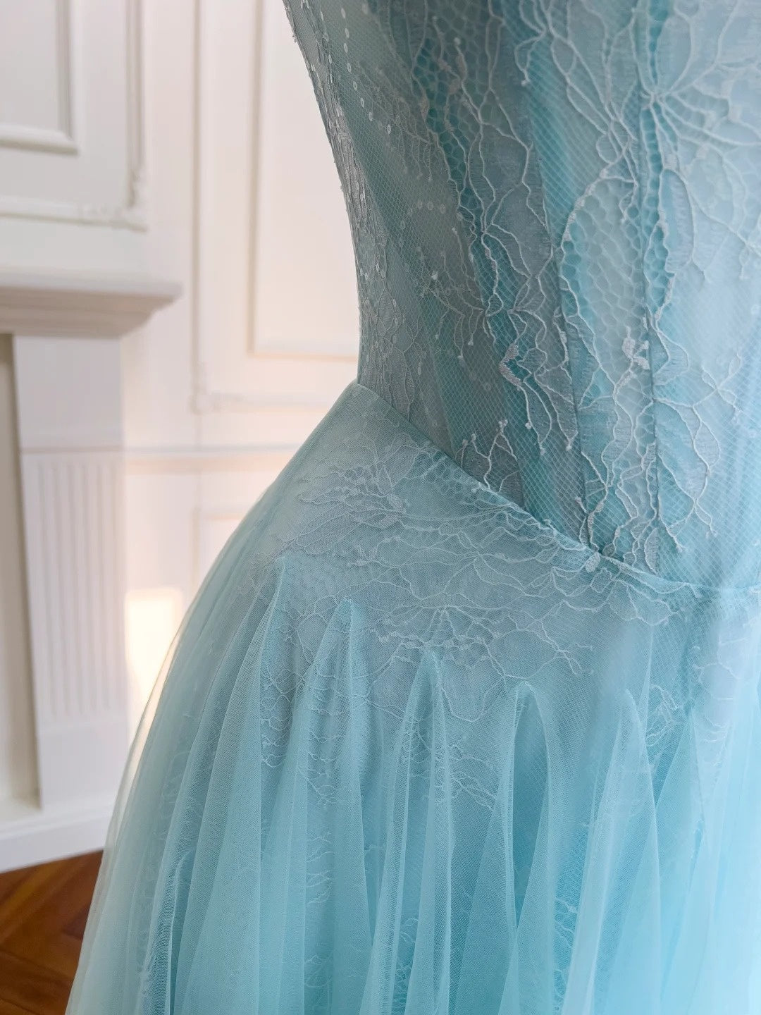 Chic Tulle Light Blue Prom Dress Lace Spaghetti Straps Sequins A-Line Evening Dress GG5847