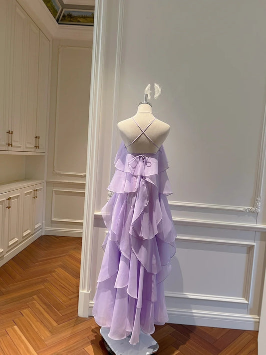 Charming Halter Neck Purple Prom Dress 3D Flower Ruffles Evening Dress GG5851