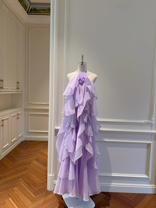 Charming Halter Neck Purple Prom Dress 3D Flower Ruffles Evening Dress GG5851