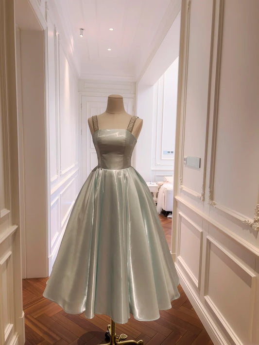 Trendy Light Blue Prom Dress Spaghetti Straps Satin A-Line Evening Dress GG5853