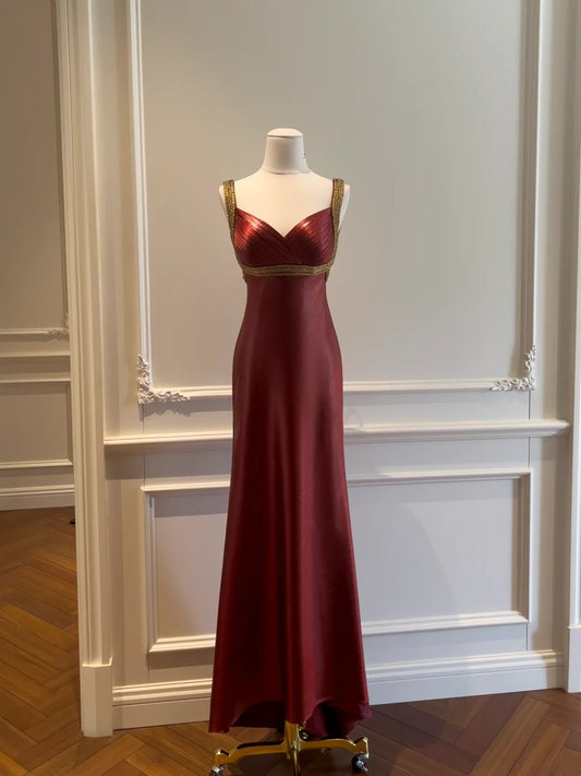 Glittering Burgundy Prom Dress Beaded Spaghetti Straps Mermaid Evening Dress GG5857