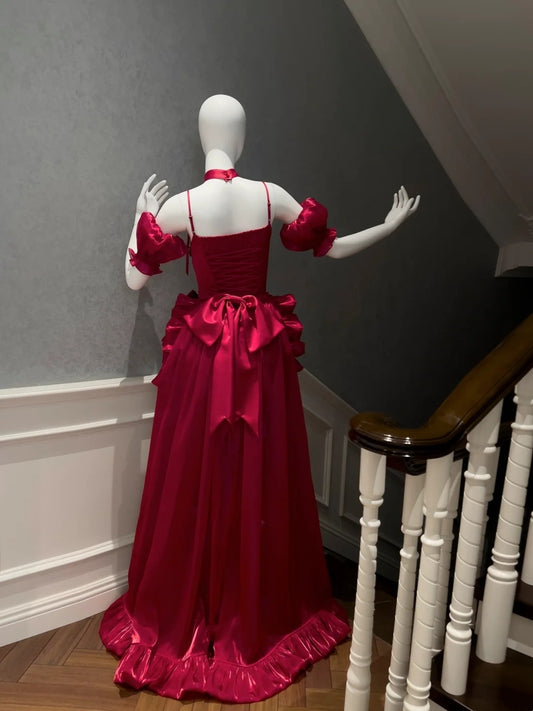 Playful Sleeves Choker Homecoming Dress Red Tiered Birthday Dress Bows Train A-Line Mini Dress GG5859