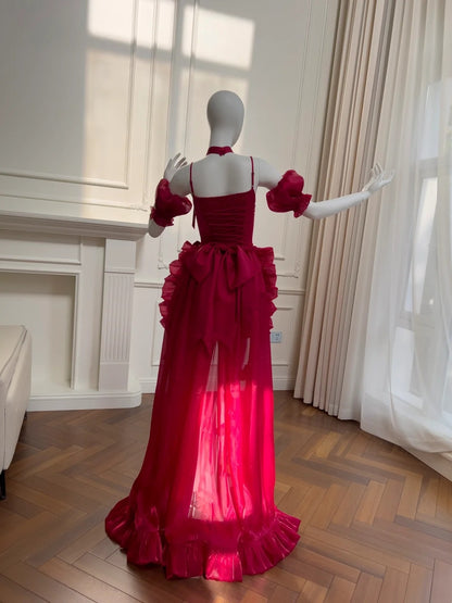 Playful Sleeves Choker Homecoming Dress Red Tiered Birthday Dress Bows Train A-Line Mini Dress GG5859