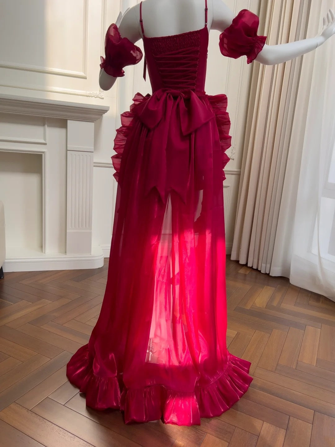 Playful Sleeves Choker Homecoming Dress Red Tiered Birthday Dress Bows Train A-Line Mini Dress GG5859