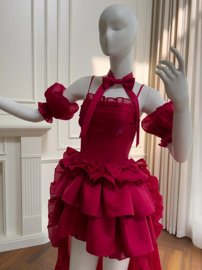 Playful Sleeves Choker Homecoming Dress Red Tiered Birthday Dress Bows Train A-Line Mini Dress GG5859