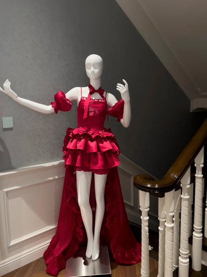 Playful Sleeves Choker Homecoming Dress Red Tiered Birthday Dress Bows Train A-Line Mini Dress GG5859