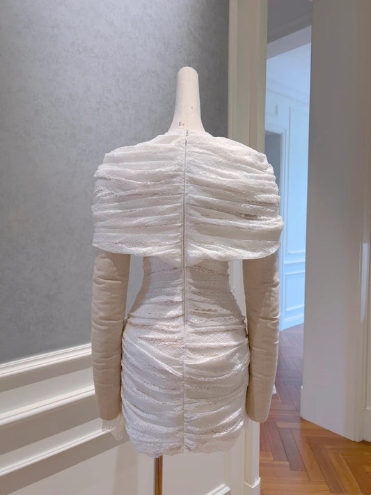 Graceful White Lace Homecoming Dress Off-the-Shoulder Birthday Dress Draped A-Line Mini Dress GG5860