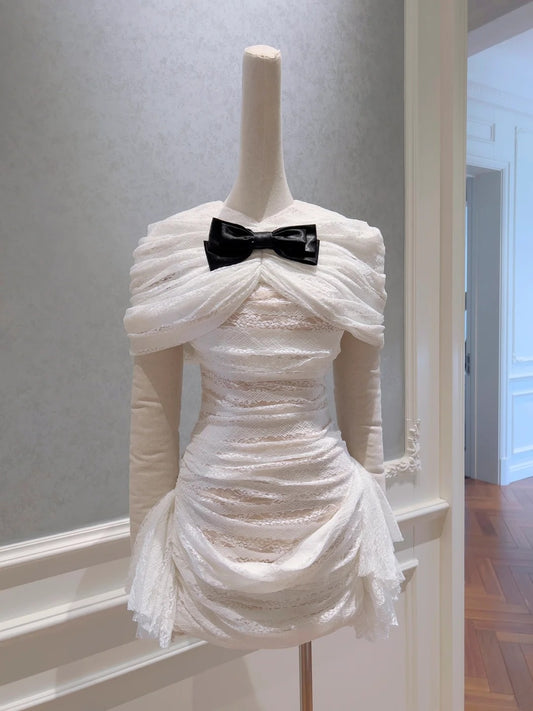 Graceful White Lace Homecoming Dress Off-the-Shoulder Birthday Dress Draped A-Line Mini Dress GG5860