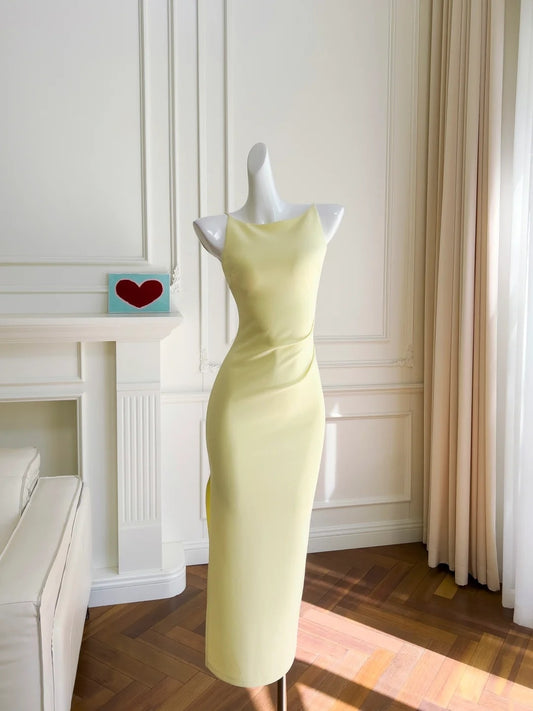 Fashion Light Yellow Prom Dress Sleeveless Sheath Evening Dress GG5861