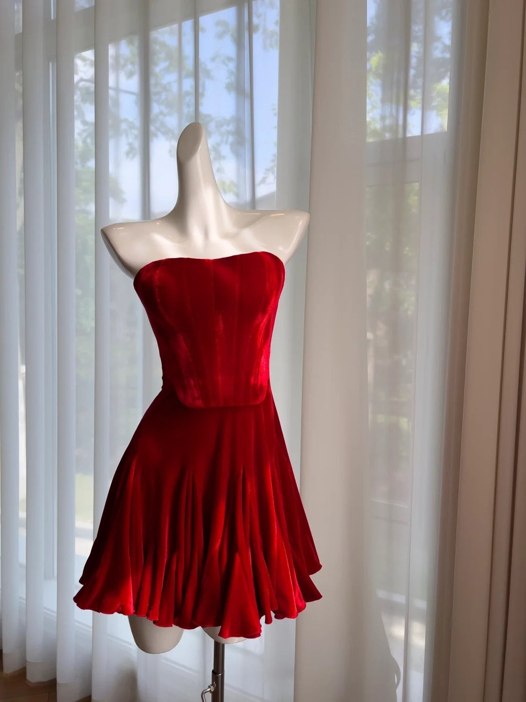 Attractive Red Homecoming Dress Velvet Ruffled Birthday Dress A-Line Mini Dress GG5865