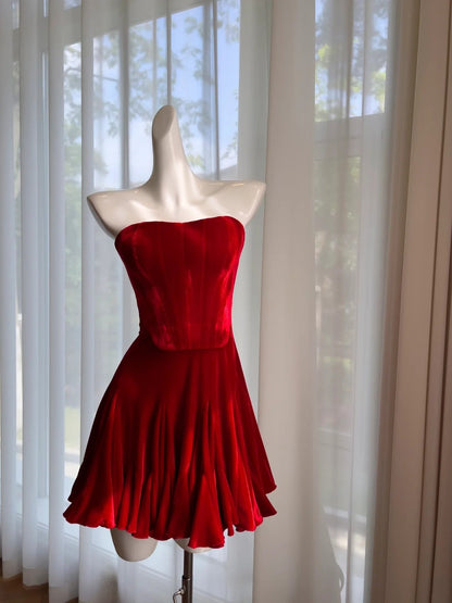 Attractive Red Homecoming Dress Velvet Ruffled Birthday Dress A-Line Mini Dress GG5865