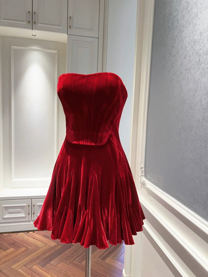 Attractive Red Homecoming Dress Velvet Ruffled Birthday Dress A-Line Mini Dress GG5865