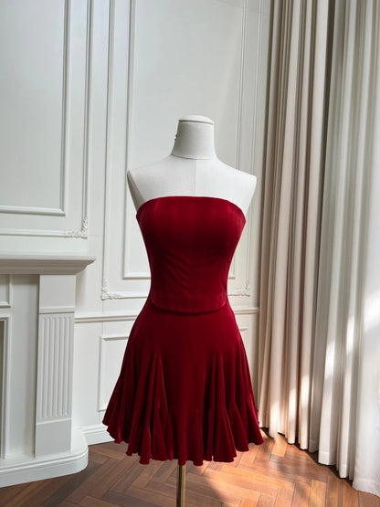 Attractive Red Homecoming Dress Velvet Ruffled Birthday Dress A-Line Mini Dress GG5865