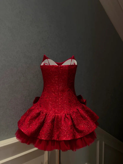 Trendy Red Homecoming Dress Jacquard A-Line Birthday Dress Bows Mini Dress GG5866