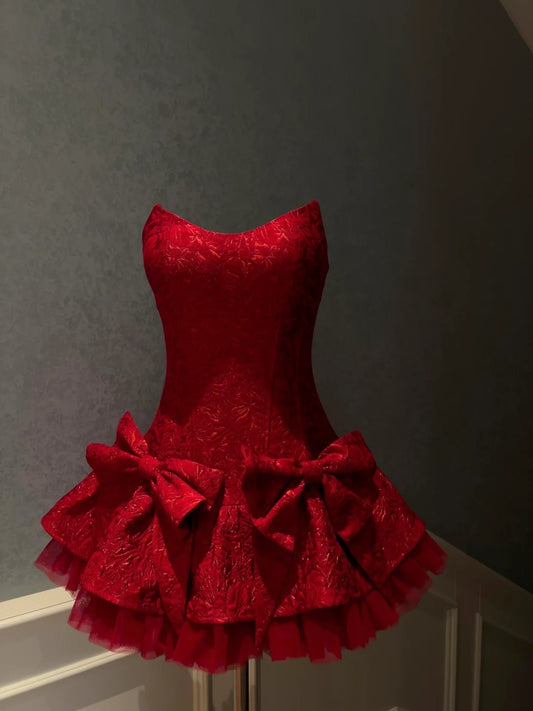 Trendy Red Homecoming Dress Jacquard A-Line Birthday Dress Bows Mini Dress GG5866
