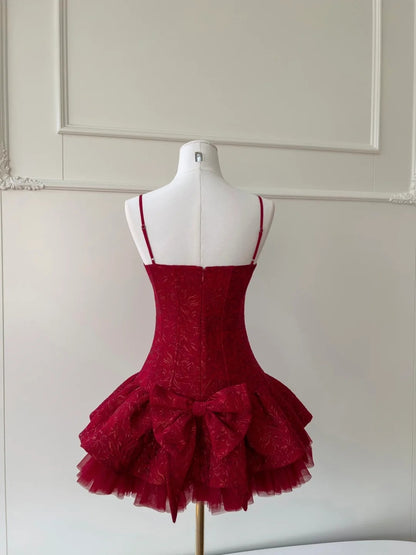 Trendy Red Homecoming Dress Jacquard A-Line Birthday Dress Bows Mini Dress GG5866