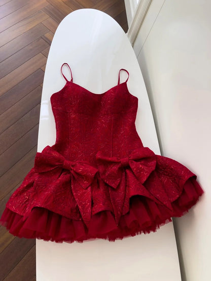 Trendy Red Homecoming Dress Jacquard A-Line Birthday Dress Bows Mini Dress GG5866
