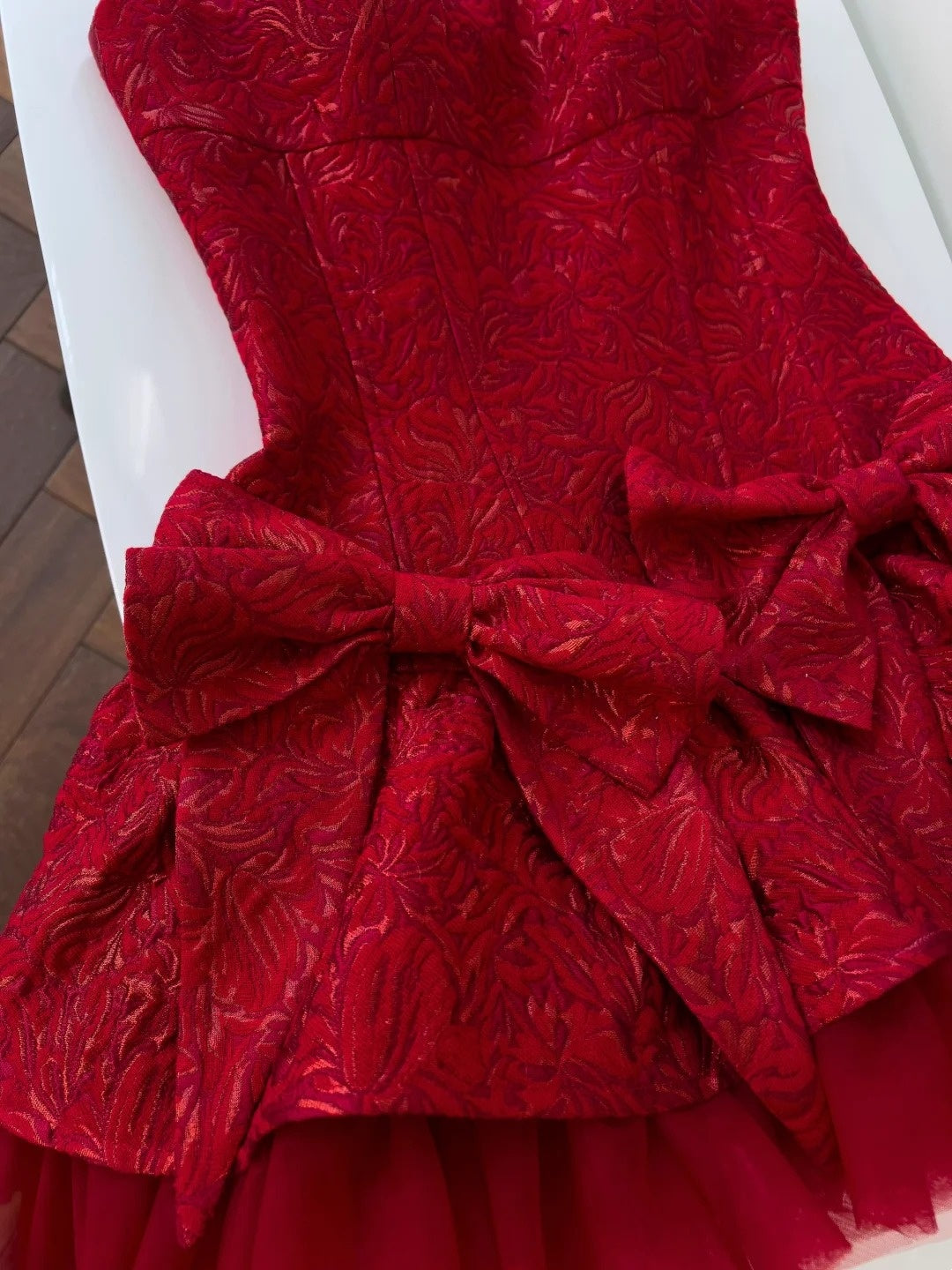 Trendy Red Homecoming Dress Jacquard A-Line Birthday Dress Bows Mini Dress GG5866