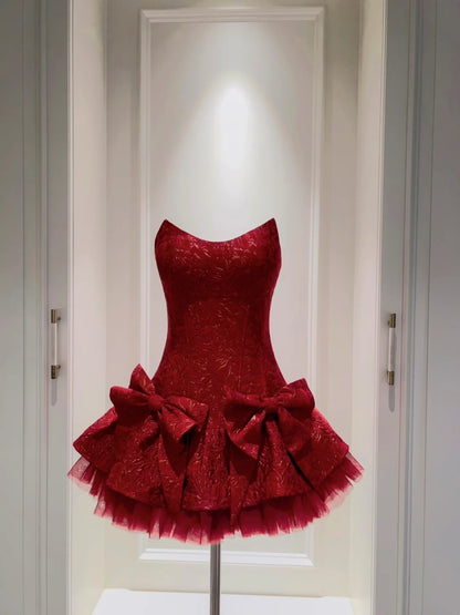 Trendy Red Homecoming Dress Jacquard A-Line Birthday Dress Bows Mini Dress GG5866