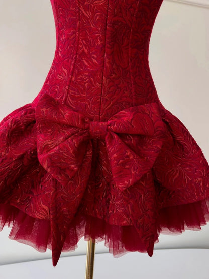 Trendy Red Homecoming Dress Jacquard A-Line Birthday Dress Bows Mini Dress GG5866