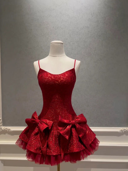Trendy Red Homecoming Dress Jacquard A-Line Birthday Dress Bows Mini Dress GG5866