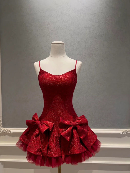 Trendy Red Homecoming Dress Jacquard A-Line Birthday Dress Bows Mini Dress GG5866