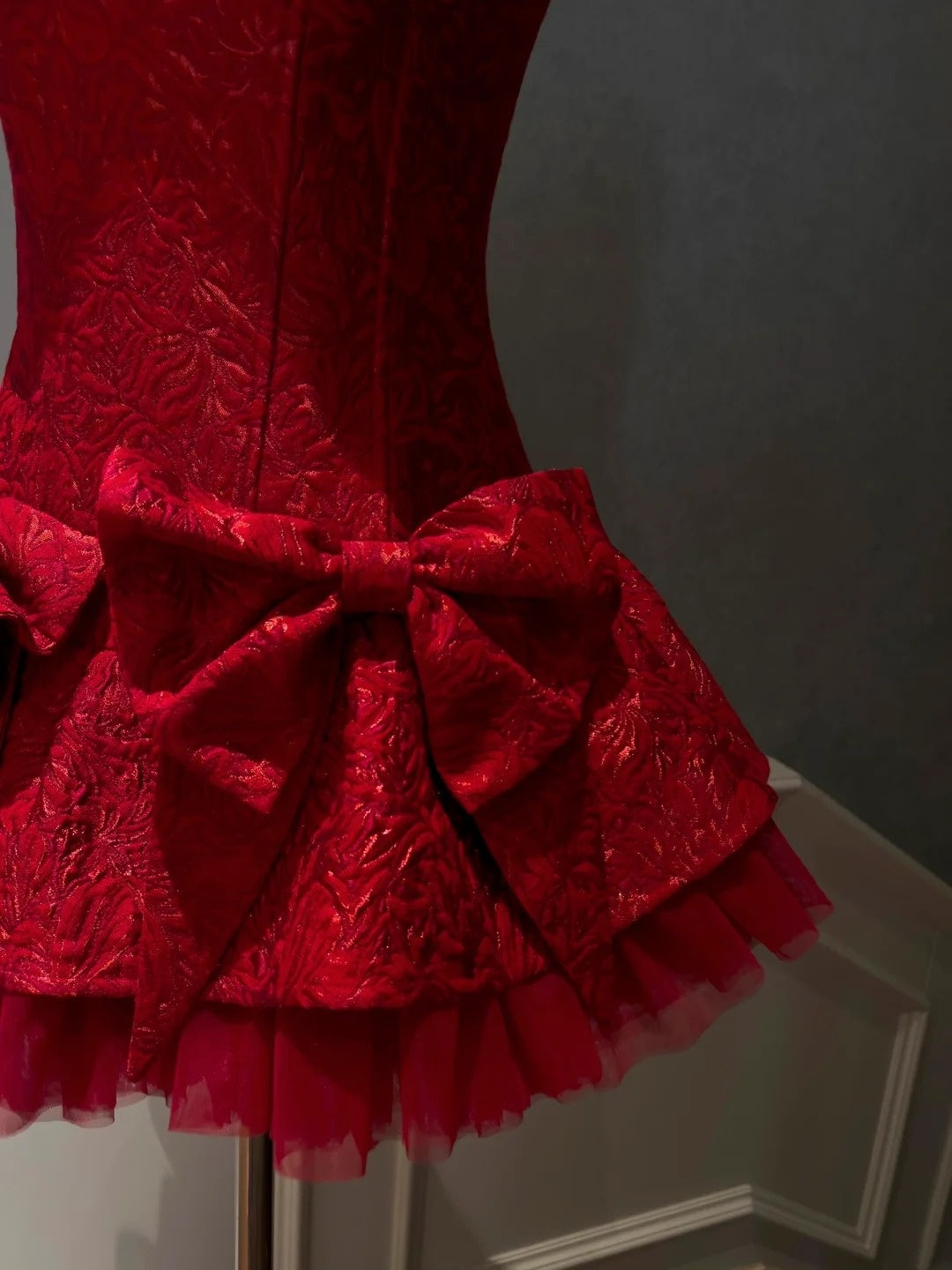 Trendy Red Homecoming Dress Jacquard A-Line Birthday Dress Bows Mini Dress GG5866