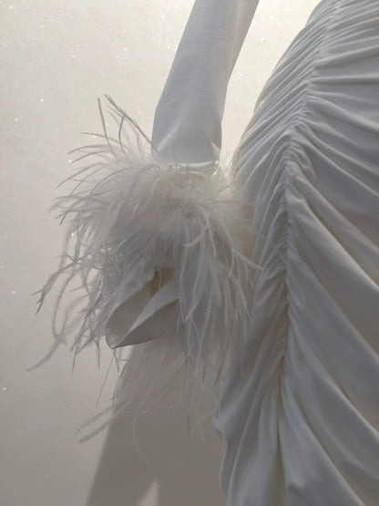 Charming White Homecoming Dress V Neck Long Sleeve Birthday Dress Feather Mini Dress GG5867