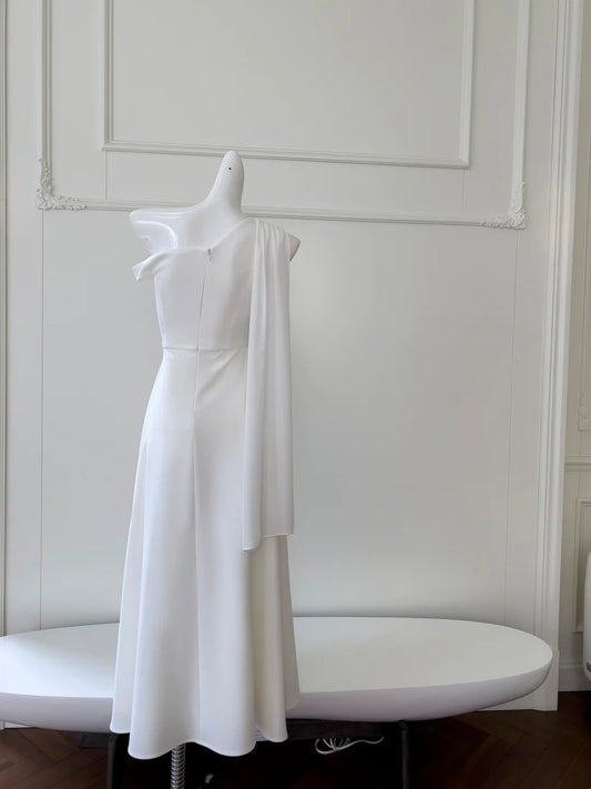 Unique White Prom Dress Asymmetrical Neck A-Line Long Evening Dress GG5868