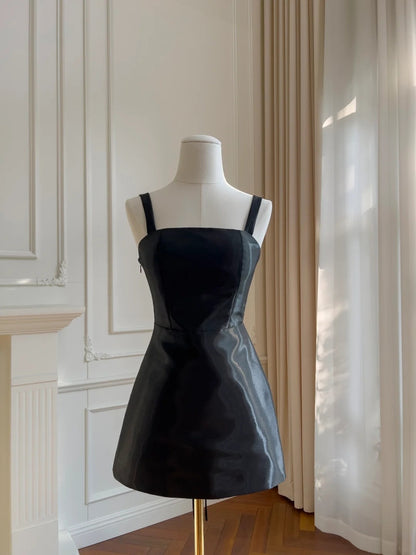 Sexy Spaghetti Straps Homecoming Dress Black Satin A-Line Birthday Dress GG5870