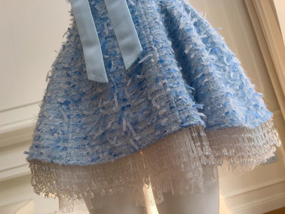 Cute Detachable Spaghetti Straps Homecoming Dress Blue Tassel Birthday Dress Bow A-Line Mini Dress GG5875
