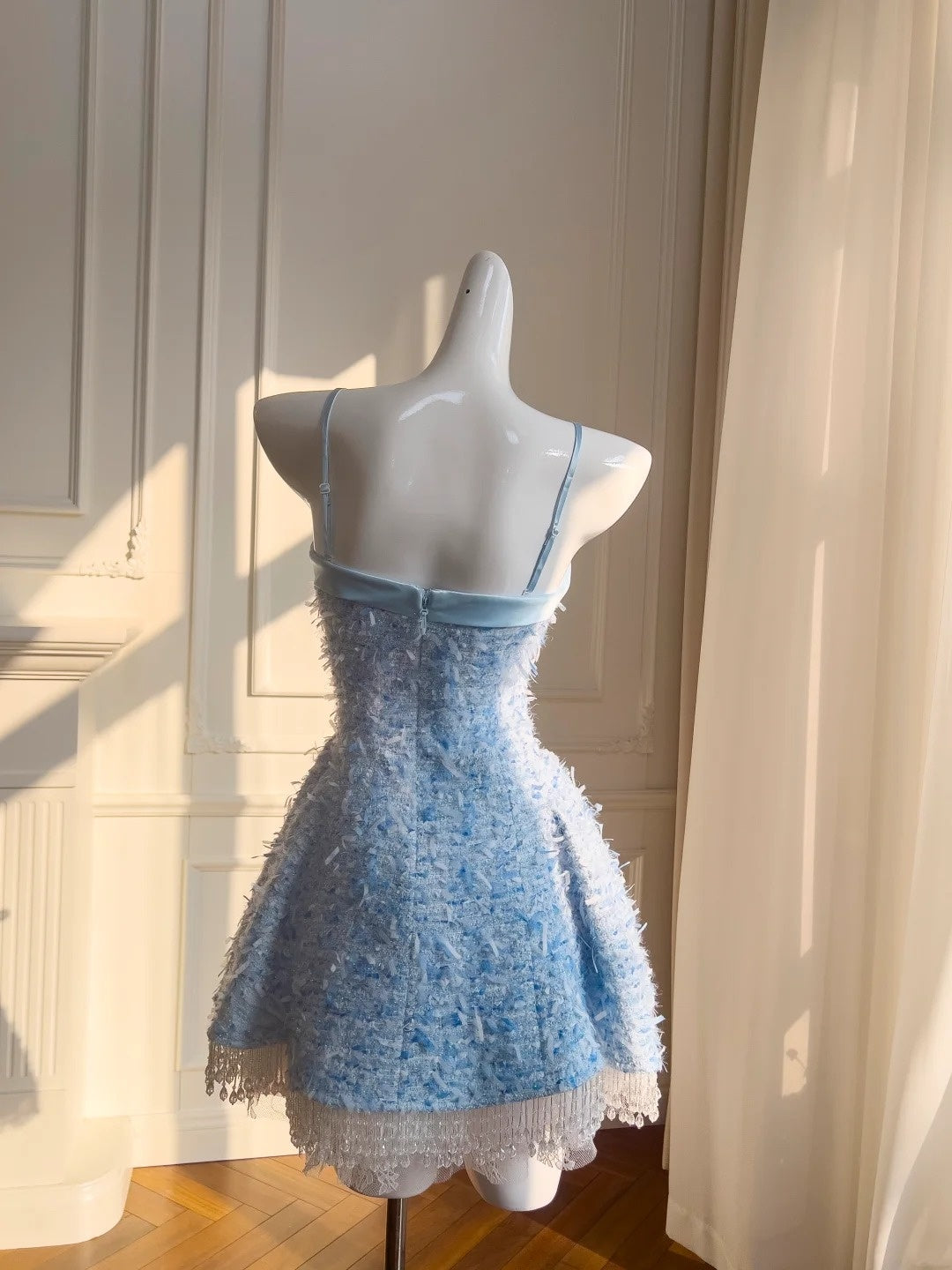 Cute Detachable Spaghetti Straps Homecoming Dress Blue Tassel Birthday Dress Bow A-Line Mini Dress GG5875