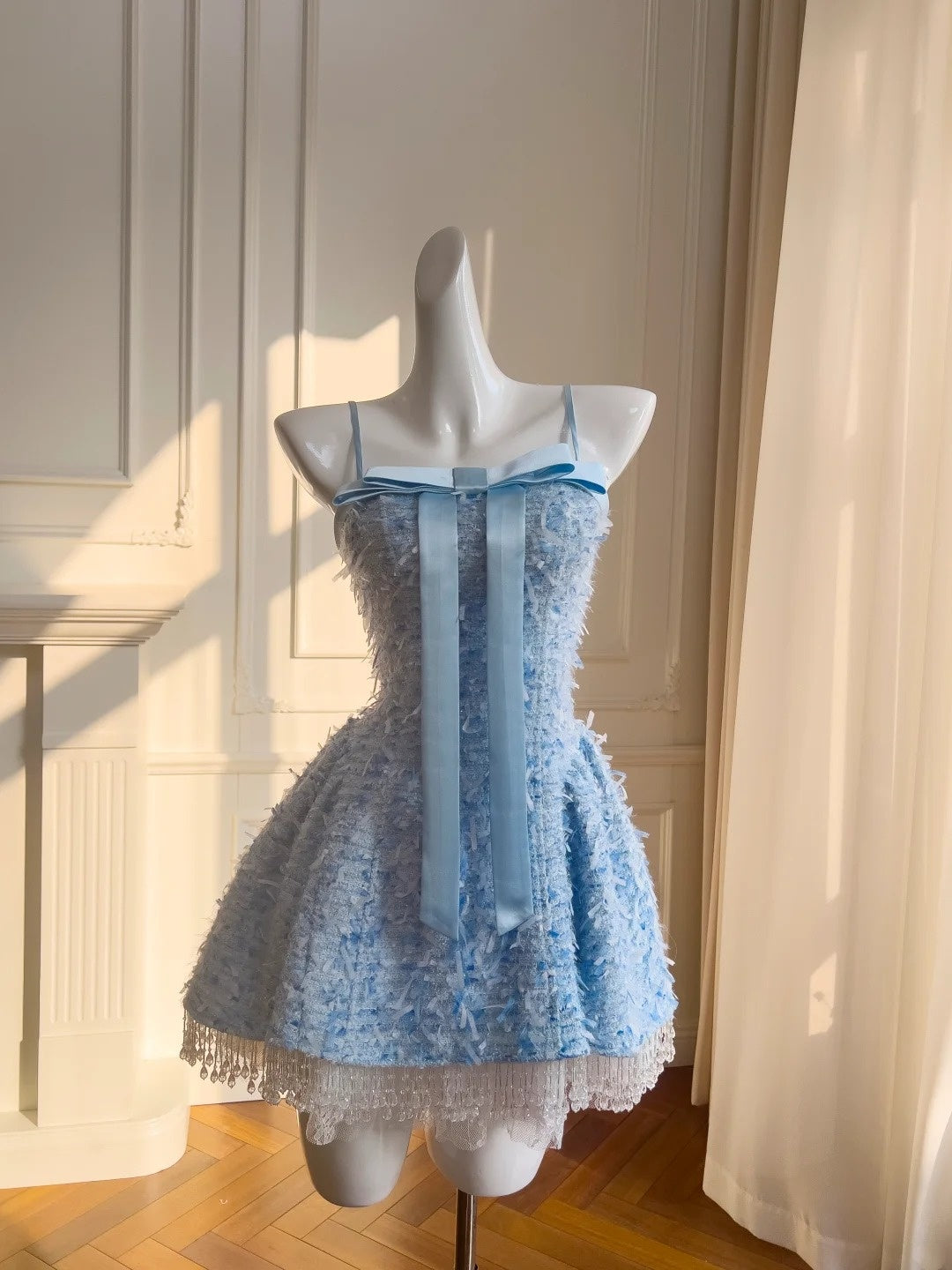 Cute Detachable Spaghetti Straps Homecoming Dress Blue Tassel Birthday Dress Bow A-Line Mini Dress GG5875