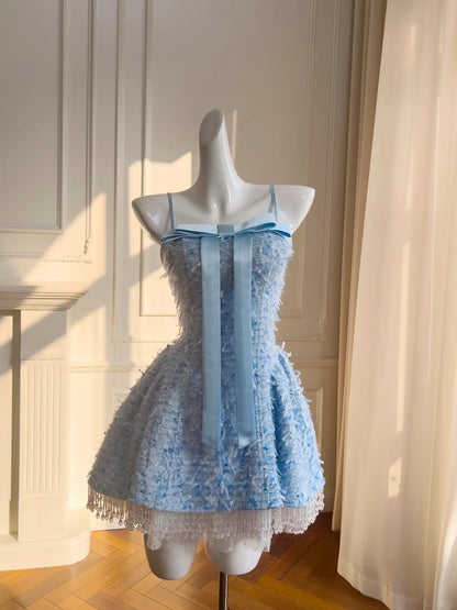 Cute Detachable Spaghetti Straps Homecoming Dress Blue Tassel Birthday Dress Bow A-Line Mini Dress GG5875