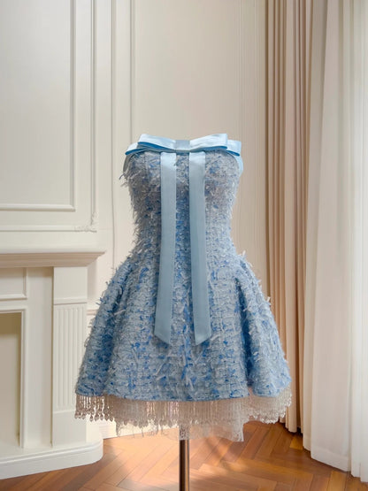 Cute Detachable Spaghetti Straps Homecoming Dress Blue Tassel Birthday Dress Bow A-Line Mini Dress GG5875