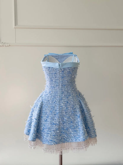 Cute Detachable Spaghetti Straps Homecoming Dress Blue Tassel Birthday Dress Bow A-Line Mini Dress GG5875