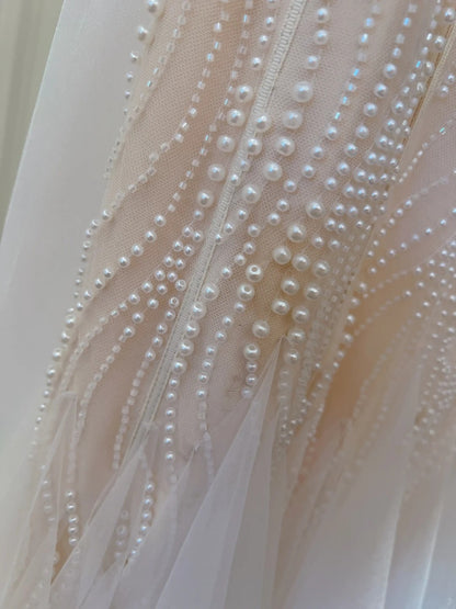 Elegant Spaghetti Straps Pink Prom Dress   Beading Tulle Mermaid Long Evening Dress GG5877