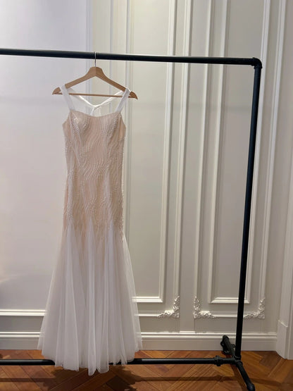 Elegant Spaghetti Straps Pink Prom Dress   Beading Tulle Mermaid Long Evening Dress GG5877