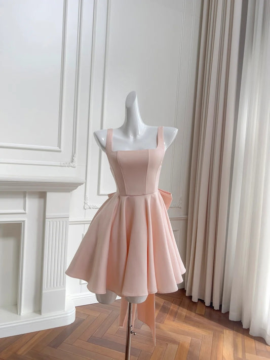 Charming Spaghetti Straps Homecoming Dress Pink Bow Birthday Dress Satin Tulle A-Line Mini Dress GG5880