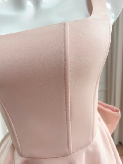 Charming Spaghetti Straps Homecoming Dress Pink Bow Birthday Dress Satin Tulle A-Line Mini Dress GG5880